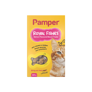 PAMPER ROYAL FISHIES CAT TREAT BISCUITS 250G (SALMON) - In Stock