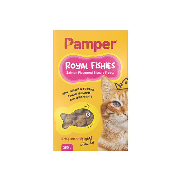 PAMPER ROYAL FISHIES CAT TREAT BISCUITS 250G (SALMON) - In Stock