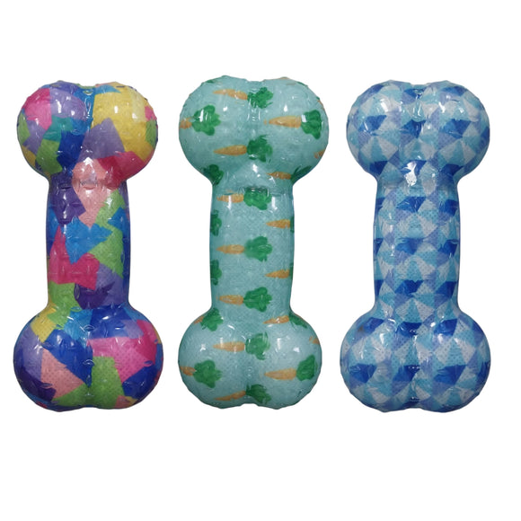 ASSORTED PATTERN SILICONE DOG BONE TOY WITH HIDDEN SQUEAKER