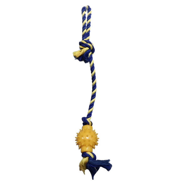 BLUE YELLOW SPIKEY BALL ON ROPE DOG TOY